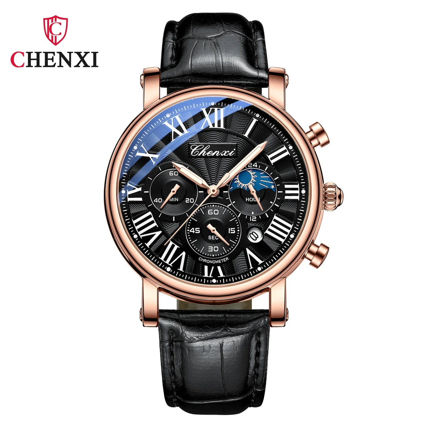 CHENXI 973 Multi-function Business Moon Phase Date Waterproof Rome Analog Imported Men Wristwatch