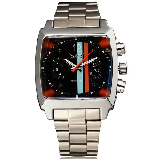 JARAGAR 569 Men's Mechanical Watch Fashion Design Square Dial Date Week Waterproof Steel Strap Leisure Wristwatch