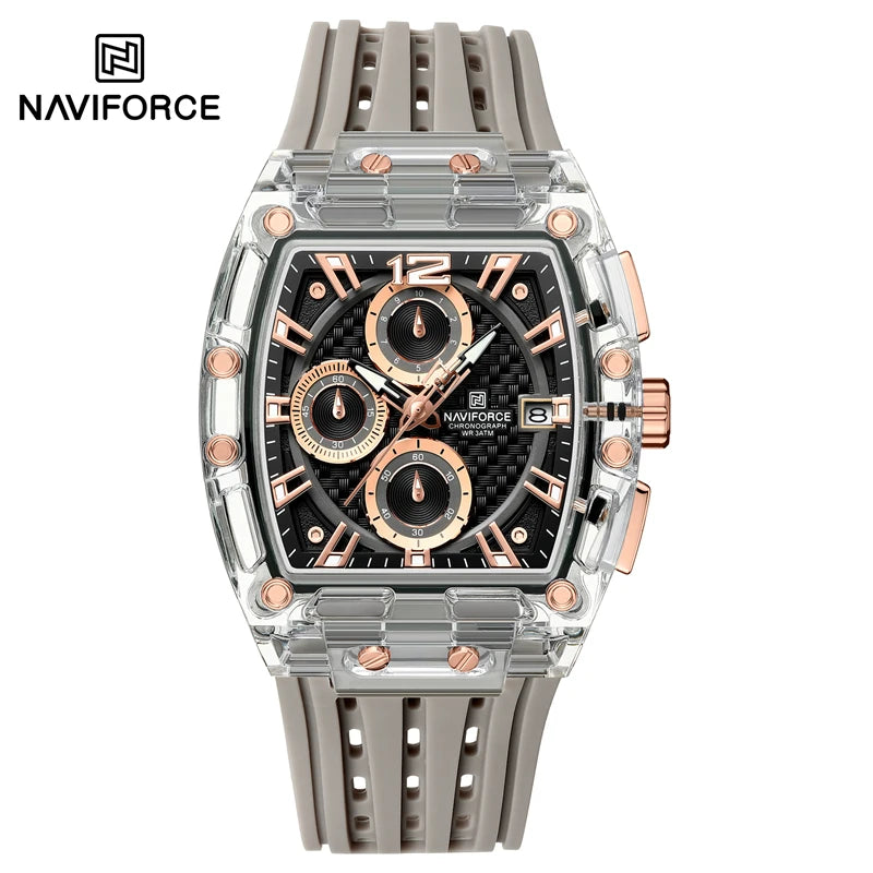Naviforce 7105 Casual New Chronograph Mul-tifunction Watches Sports Silicone Man Transparent Case Wristwatch