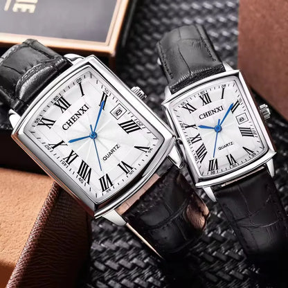 CHENXI 079A Couple's Watches Simple Square Business Clock Black Leather Strap Wristwatch for Men and Women