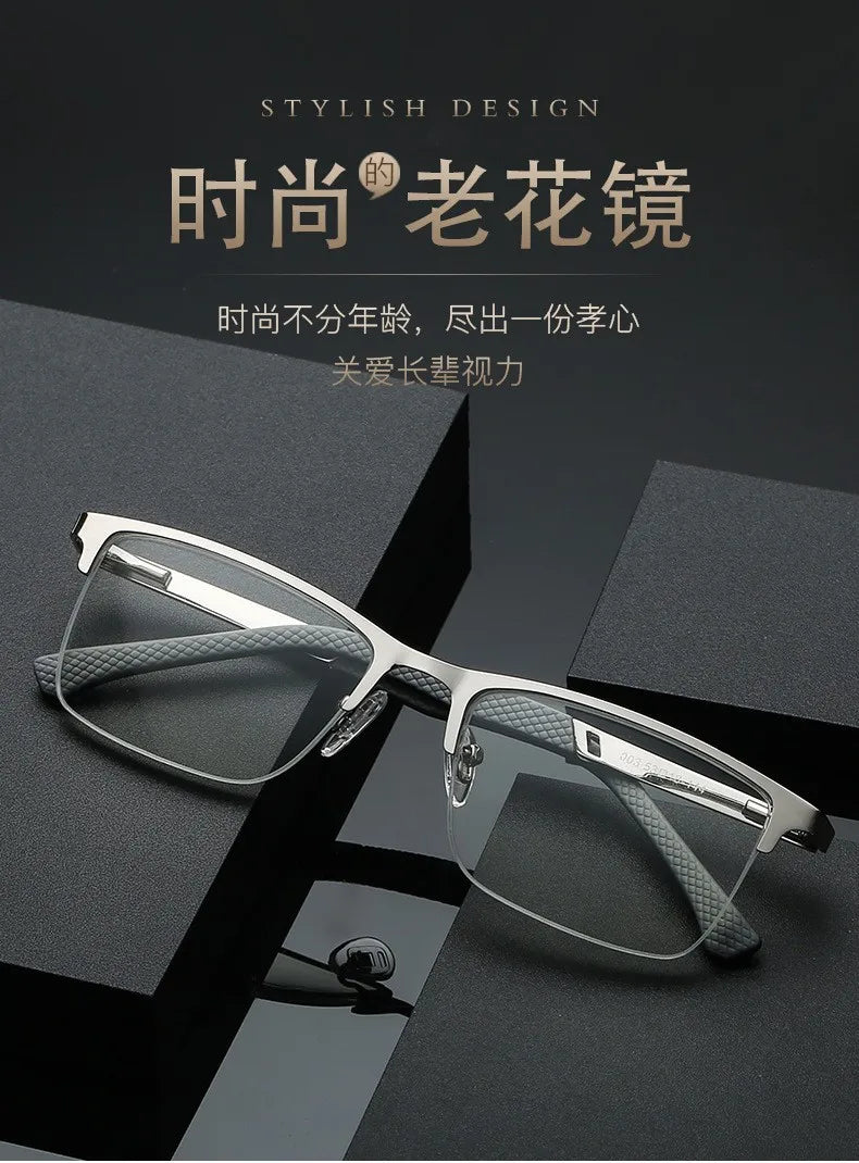 O-Q CLUB Men's Half-frame Business Reading Glasses Anti-blue Light Anti-fatigue Metal Frame