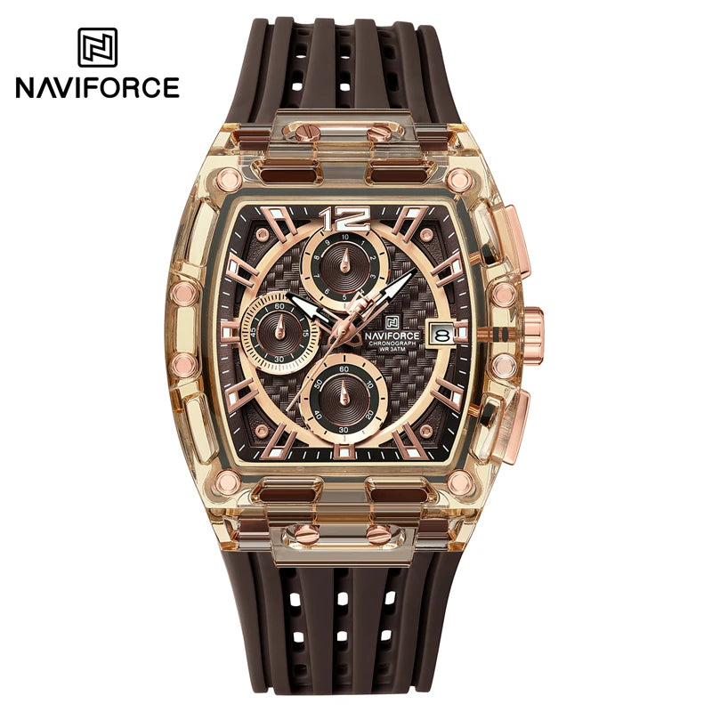 Naviforce 7105 Casual New Chronograph Mul-tifunction Watches Sports Silicone Man Transparent Case Wristwatch