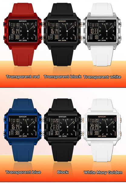 SANDA 6273 Wristwatch Square Dual Time Man Electron Analog Watch for Men Women Waterproof Count Down Timer Digital World Time