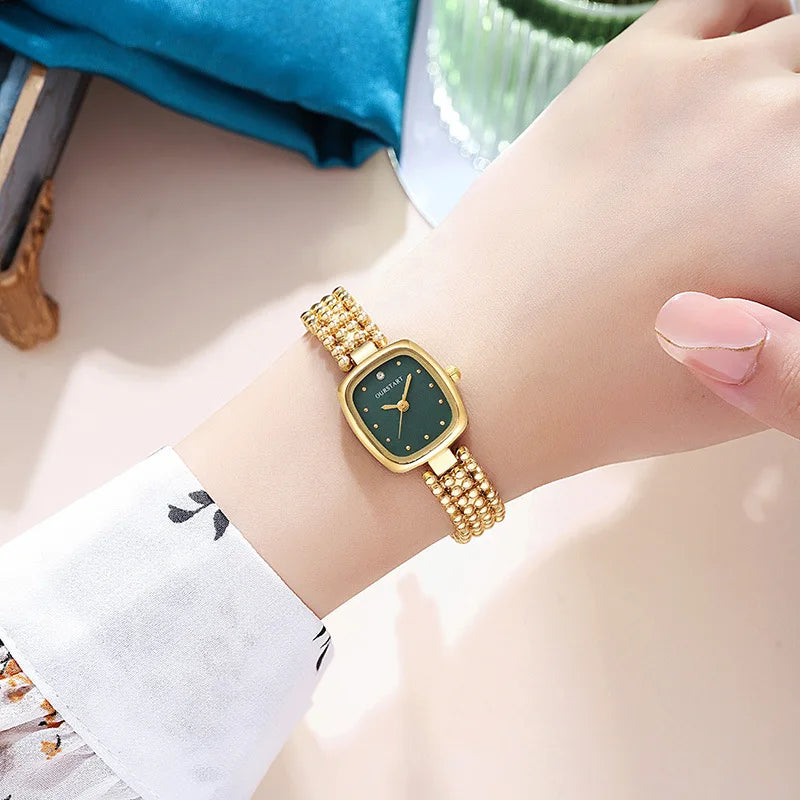 Fashion Retro Square Gold Watch High Quality Women Bracelet Watches Luxury Bead Link Strap Wristwatches Ladies Clock Gifts