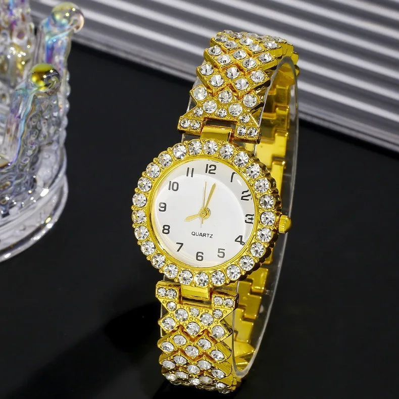 2PCS/Set Rose Gold Women Wristwatch Roman Numeral Dial Rhinestone Quartz Watch Alloy Strap Watch Jewelry Set Gift for Mom