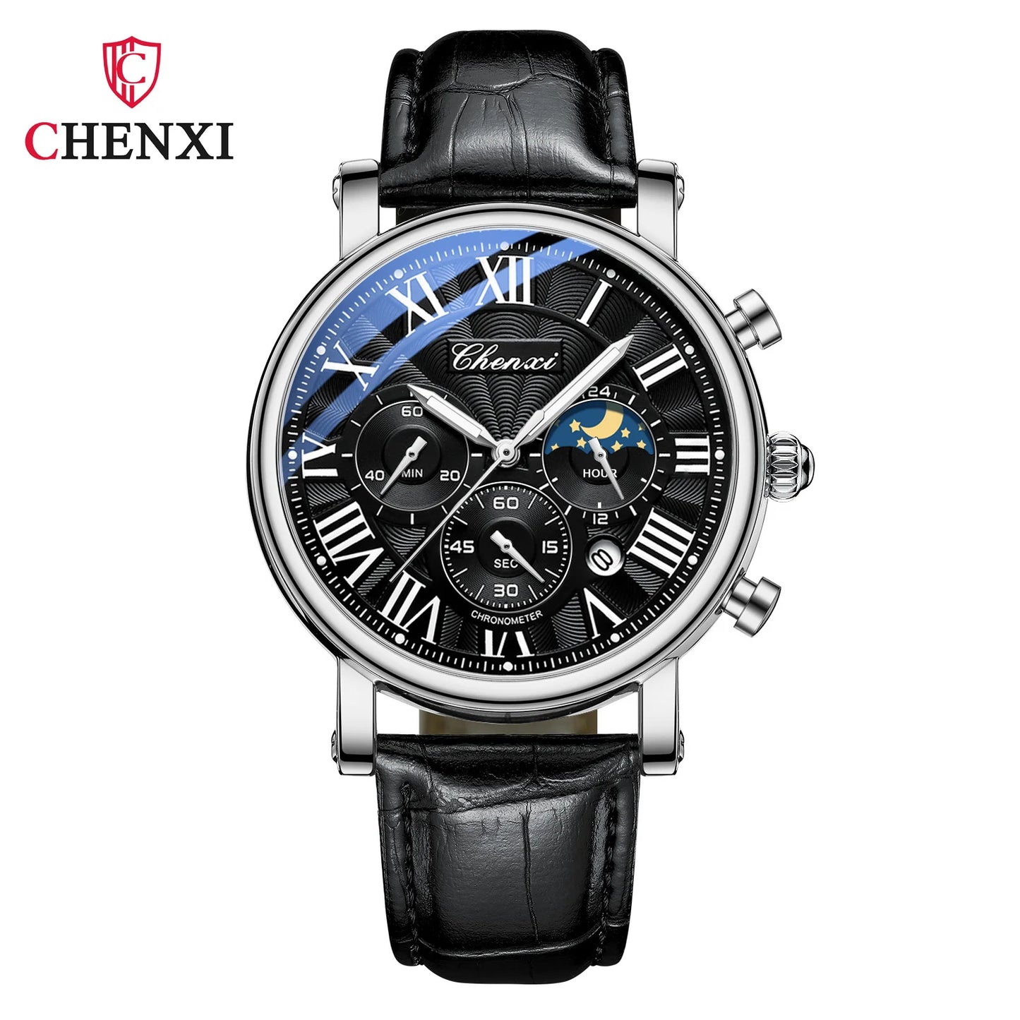 CHENXI 973 Multi-function Business Moon Phase Date Waterproof Rome Analog Imported Men Wristwatch