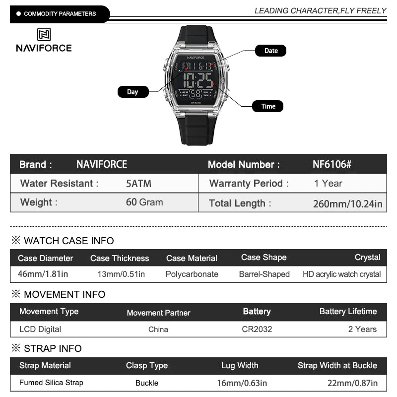 Naviforce 6106 Man Watch Clocks Outdoor Casual Sports LCD Digital Electronic Waterproof watch