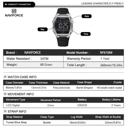 Naviforce 6106 Man Watch Clocks Outdoor Casual Sports LCD Digital Electronic Waterproof watch