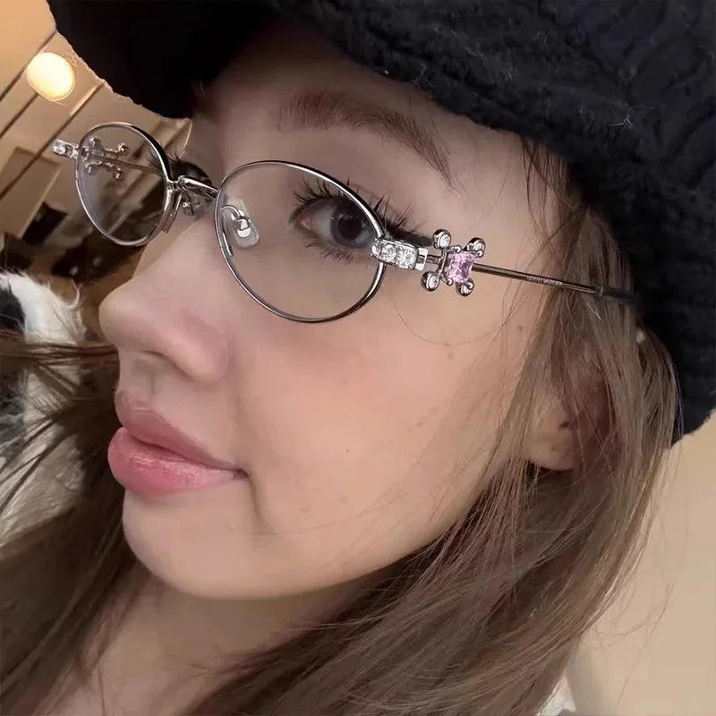 Fashion Punk Small Frame Glasses Retro Silver Anti Blue Light Eyewear for Women Y2K Rhinestone Glasses Girl Reading Eyeglasses