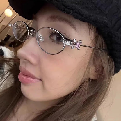Fashion Punk Small Frame Glasses Retro Silver Anti Blue Light Eyewear for Women Y2K Rhinestone Glasses Girl Reading Eyeglasses