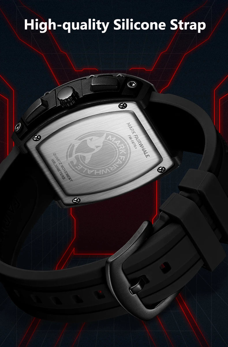 Mark Fairwhale 5670 Men's Top Design Quartz Tonneau Multifunction Chronograph Waterproof Silicone  Sports Quartz Watch for Men