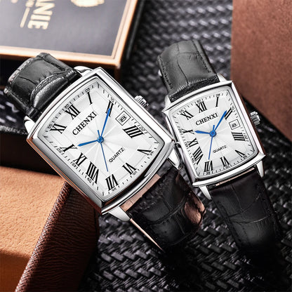CHENXI 079A Couple's Watches Simple Square Business Clock Black Leather Strap Wristwatch for Men and Women