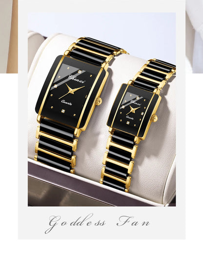 CHENXI 104A Couple Watches Waterproof Luxury Ceramics Square Business Stainless Steel Strap for Women Men Clock