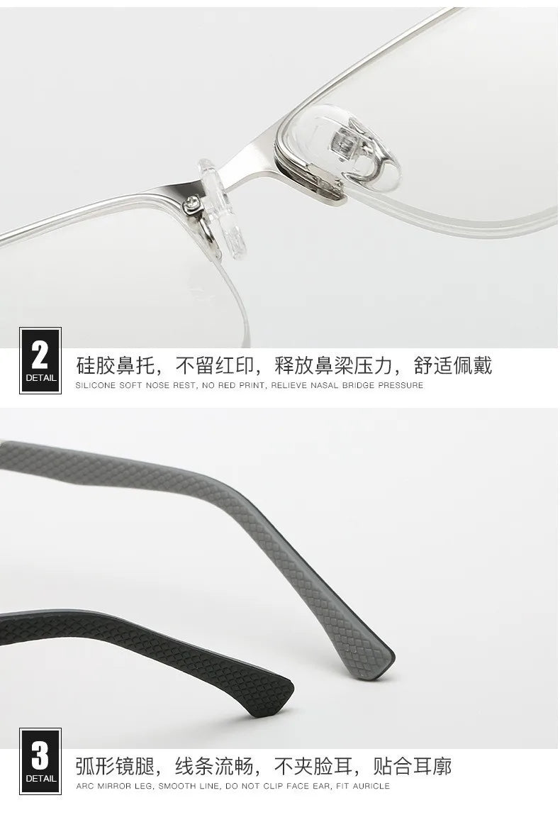 O-Q CLUB Men's Half-frame Business Reading Glasses Anti-blue Light Anti-fatigue Metal Frame