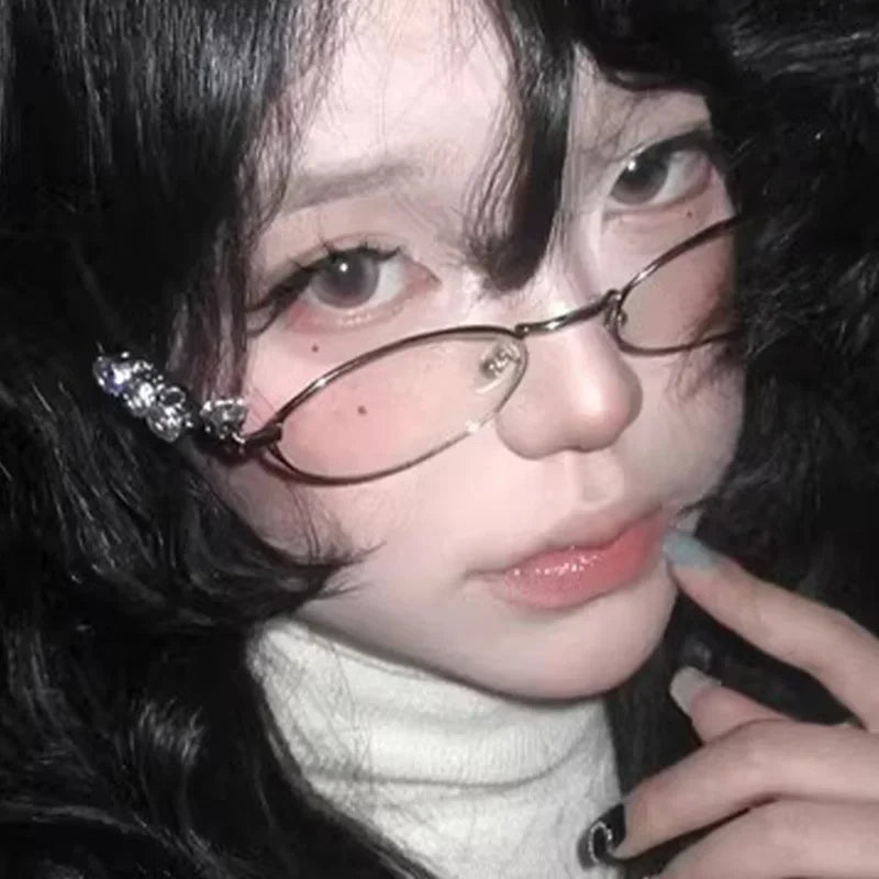 Vintage Y2K Rhinestone Studded Metal Oval Small Frame Elliptical Flat Eyeglasses Anti Blue Light Glasses Women Fashion Eyewear