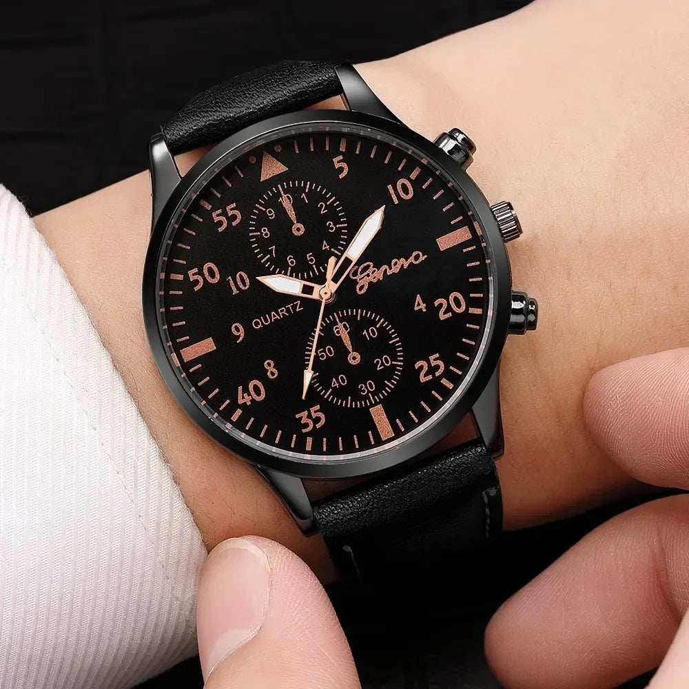 2PCS/Set Men Business Watches Fashion Arabic Dial Leather Band Mens Quartz Watch Bracelet Set Relogio Masculino Часы Мужские