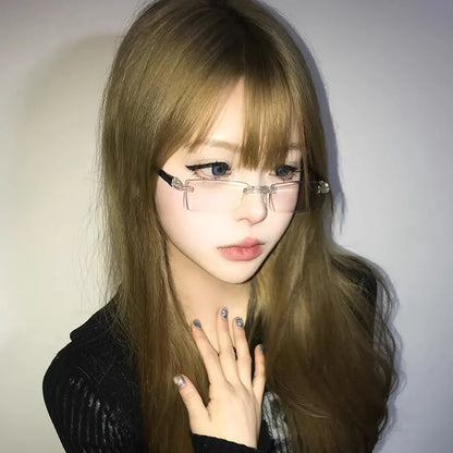 Retro Narrow-frame Glasses Women Anti-Blue Light Rimless Y2K Square Harajuku Eyewear Decorative Computer Eyeglasses Accessories