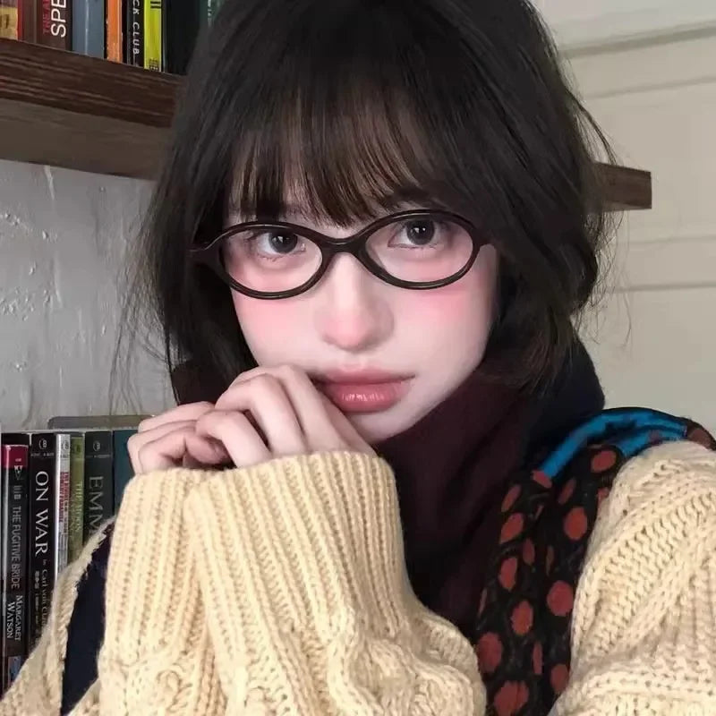 Japanese Y2K Retro Black Oval Frame Glasses for Women