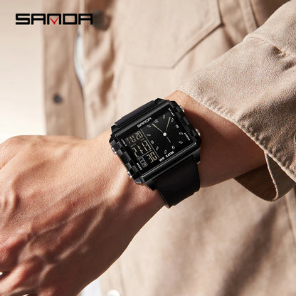 SANDA 6273 Wristwatch Square Dual Time Man Electron Analog Watch for Men Women Waterproof Count Down Timer Digital World Time