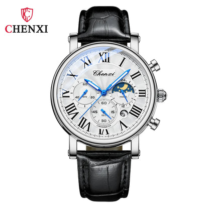 CHENXI 973 Multi-function Business Moon Phase Date Waterproof Rome Analog Imported Men Wristwatch