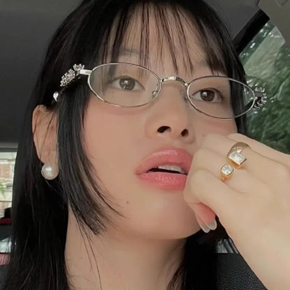Vintage Y2K Rhinestone Studded Metal Oval Small Frame Elliptical Flat Eyeglasses Anti Blue Light Glasses Women Fashion Eyewear