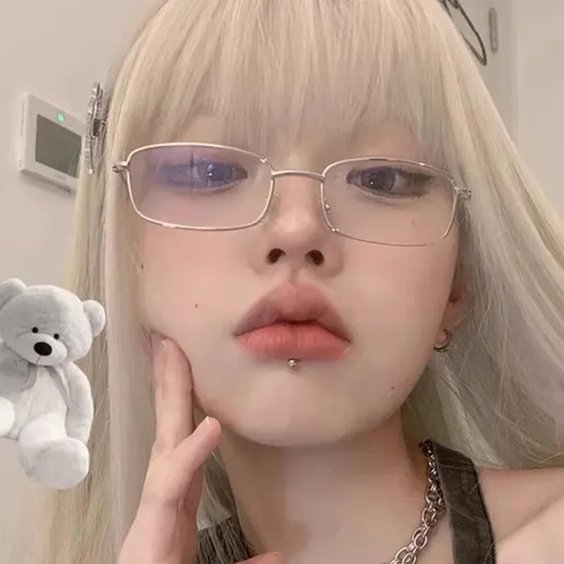 Y2K Vintage Black Silver Metal Eyeglasses Fashion Clear Reading Glasses