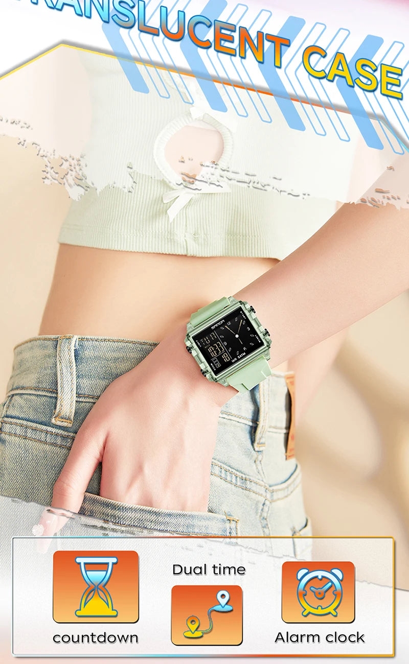 SANDA 6273 Wristwatch Square Dual Time Man Electron Analog Watch for Men Women Waterproof Count Down Timer Digital World Time