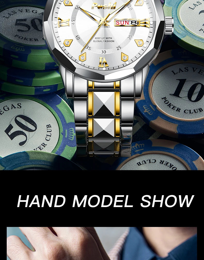 POSHI Men's Quartz Watch Original Waterproof Luminous Dual Calendar Quartz Wristwatch