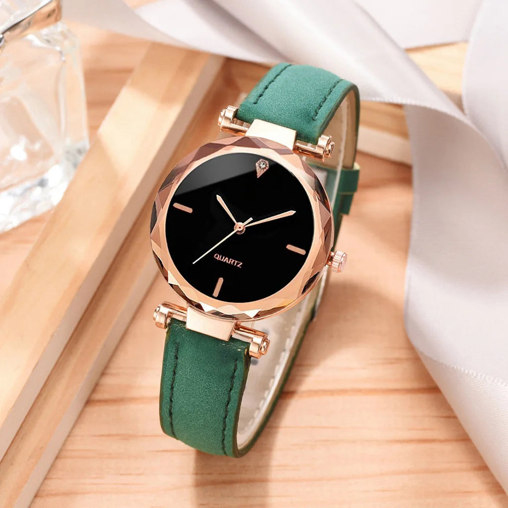 2pcs Luxury Fashion Women Watch Set PU Leather Strap Ladies Quartz Wristwatch Rhinestone RoseGold Alloy Bracelet for Ladies Gift