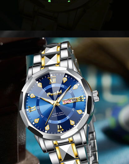 POSHI Men's Quartz Watch Original Waterproof Luminous Dual Calendar Quartz Wristwatch
