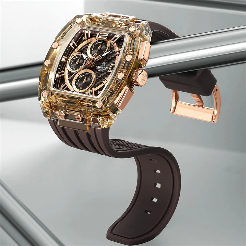 Naviforce 7105 Casual New Chronograph Mul-tifunction Watches Sports Silicone Man Transparent Case Wristwatch