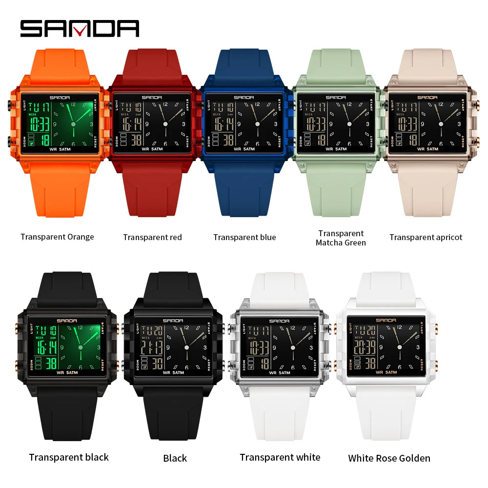SANDA 6273 Wristwatch Square Dual Time Man Electron Analog Watch for Men Women Waterproof Count Down Timer Digital World Time