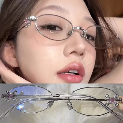 Fashion Punk Small Frame Glasses Retro Silver Anti Blue Light Eyewear for Women Y2K Rhinestone Glasses Girl Reading Eyeglasses