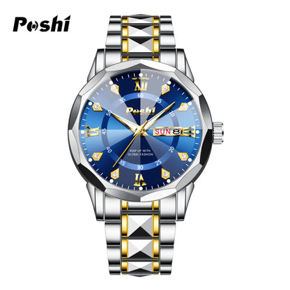 POSHI Men's Quartz Watch Original Waterproof Luminous Dual Calendar Quartz Wristwatch