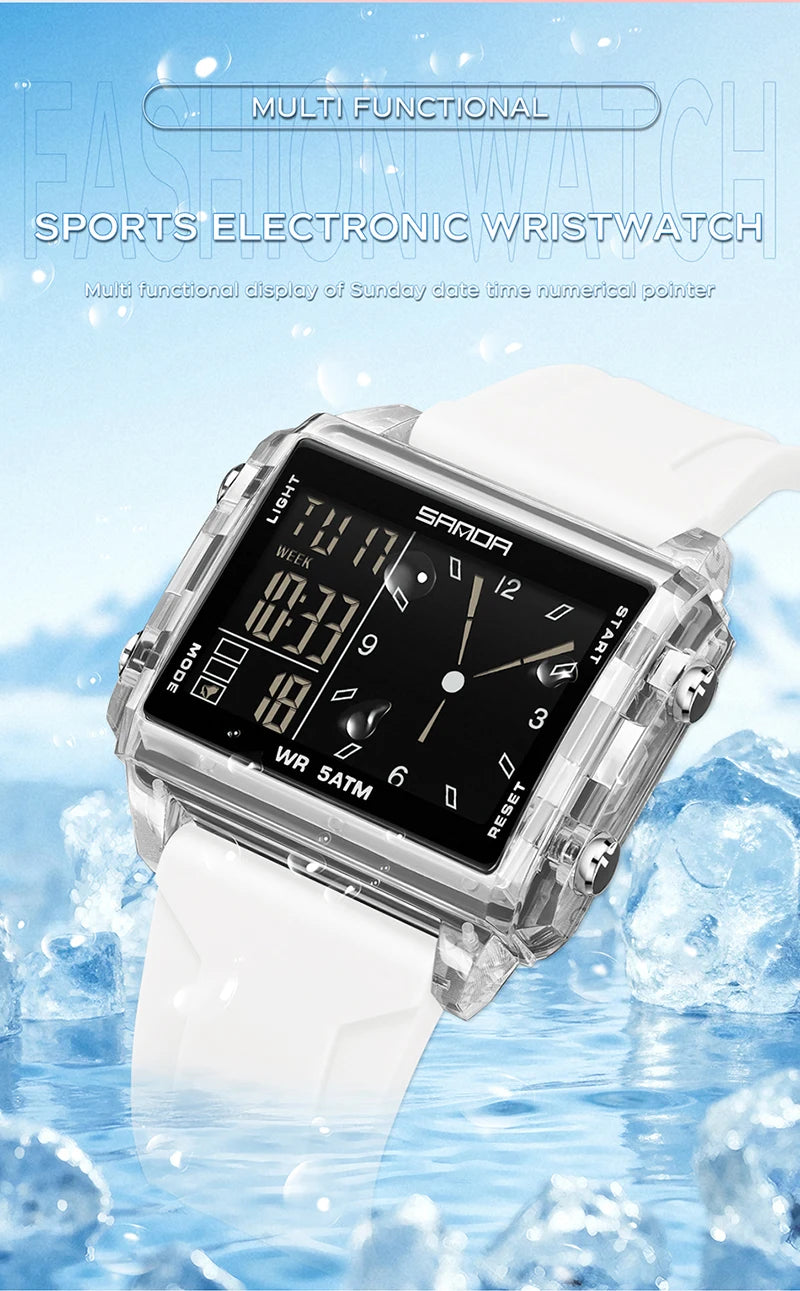 SANDA 6273 Wristwatch Square Dual Time Man Electron Analog Watch for Men Women Waterproof Count Down Timer Digital World Time