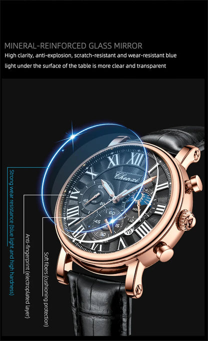 CHENXI 973 Multi-function Business Moon Phase Date Waterproof Rome Analog Imported Men Wristwatch