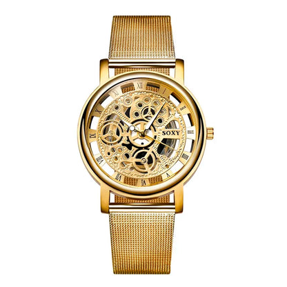 Luxury Gold Skeleton Watch for Women Ladies Fashion Watches Steel Band Gold High Quality Men and Women Couple Watches