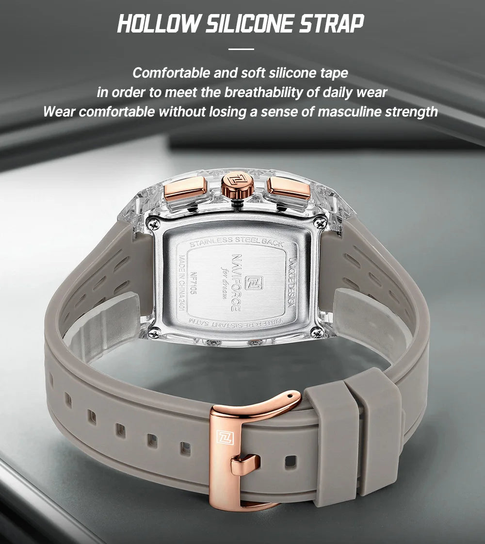Naviforce 7105 Casual New Chronograph Mul-tifunction Watches Sports Silicone Man Transparent Case Wristwatch