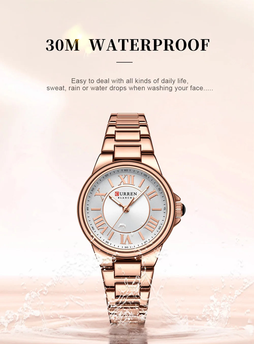 CURREN 9091 Luxury Original Woman Round Watch Stainless Steel 3ATM Waterproof  Wristwatch