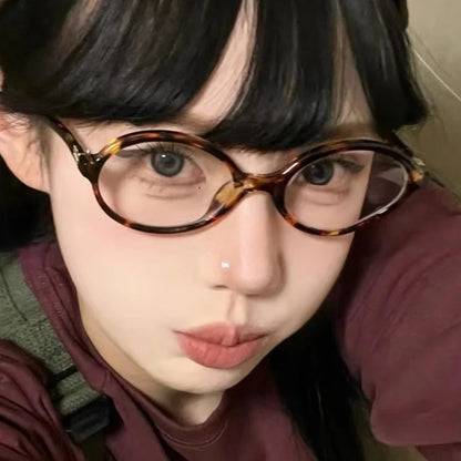 Y2K Retro Leopard Small Oval Frame Glasses Women Spice Girl Cool Eyewear New Black Reading Computer Anti Blue Light Eyeglasses