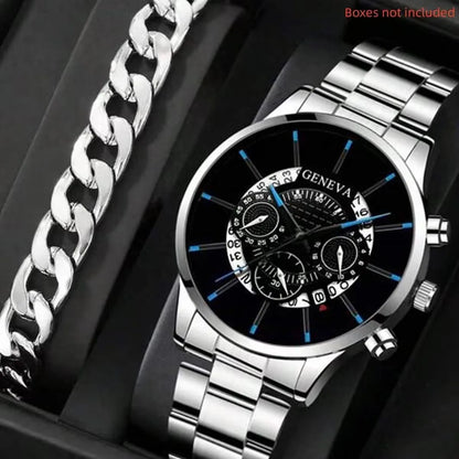 2pcs Luxury Men Business Watch Stainless Steel Men Fashion Sports Casual Quartz Wristwatch Clock