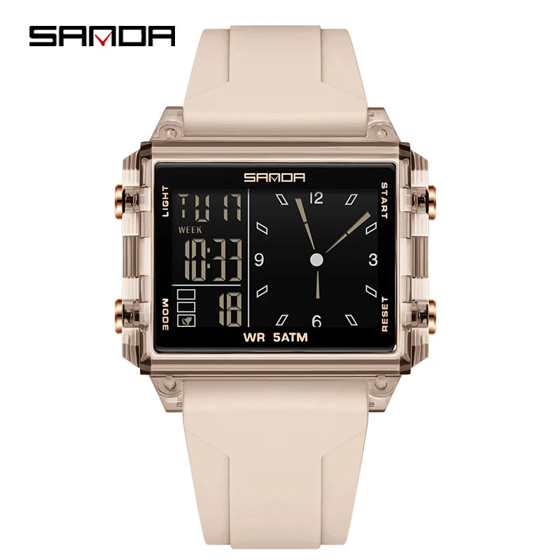 SANDA 6273 Wristwatch Square Dual Time Man Electron Analog Watch for Men Women Waterproof Count Down Timer Digital World Time