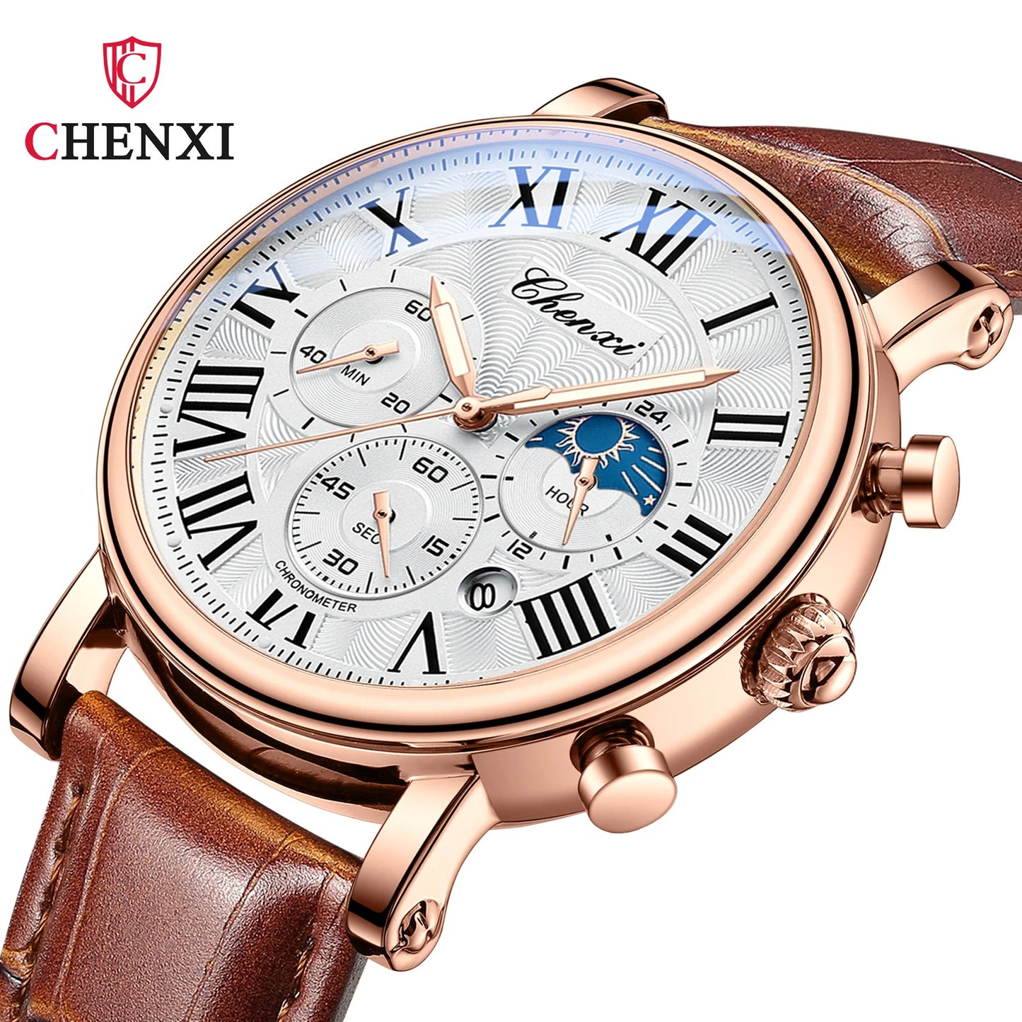 CHENXI 973 Multi-function Business Moon Phase Date Waterproof Rome Analog Imported Men Wristwatch