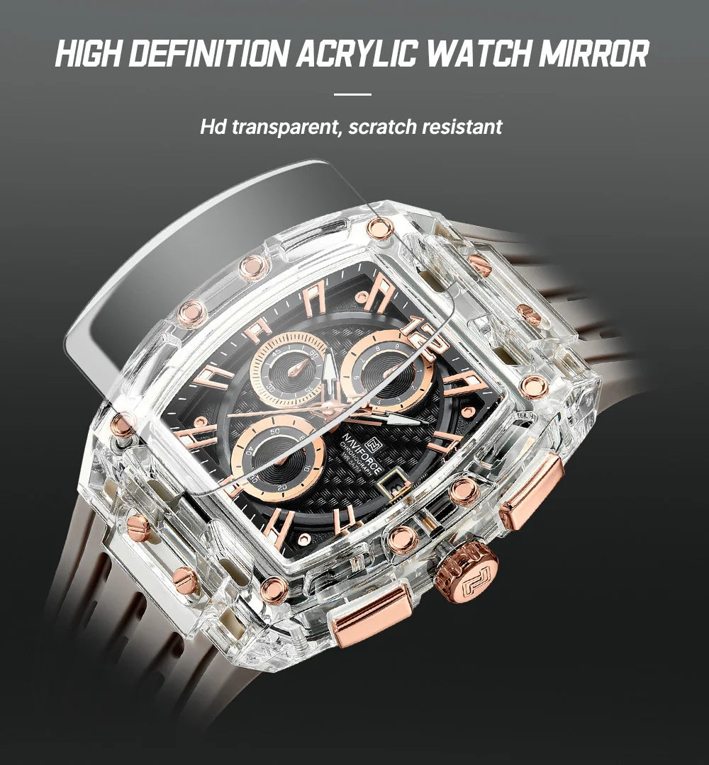Naviforce 7105 Casual New Chronograph Mul-tifunction Watches Sports Silicone Man Transparent Case Wristwatch