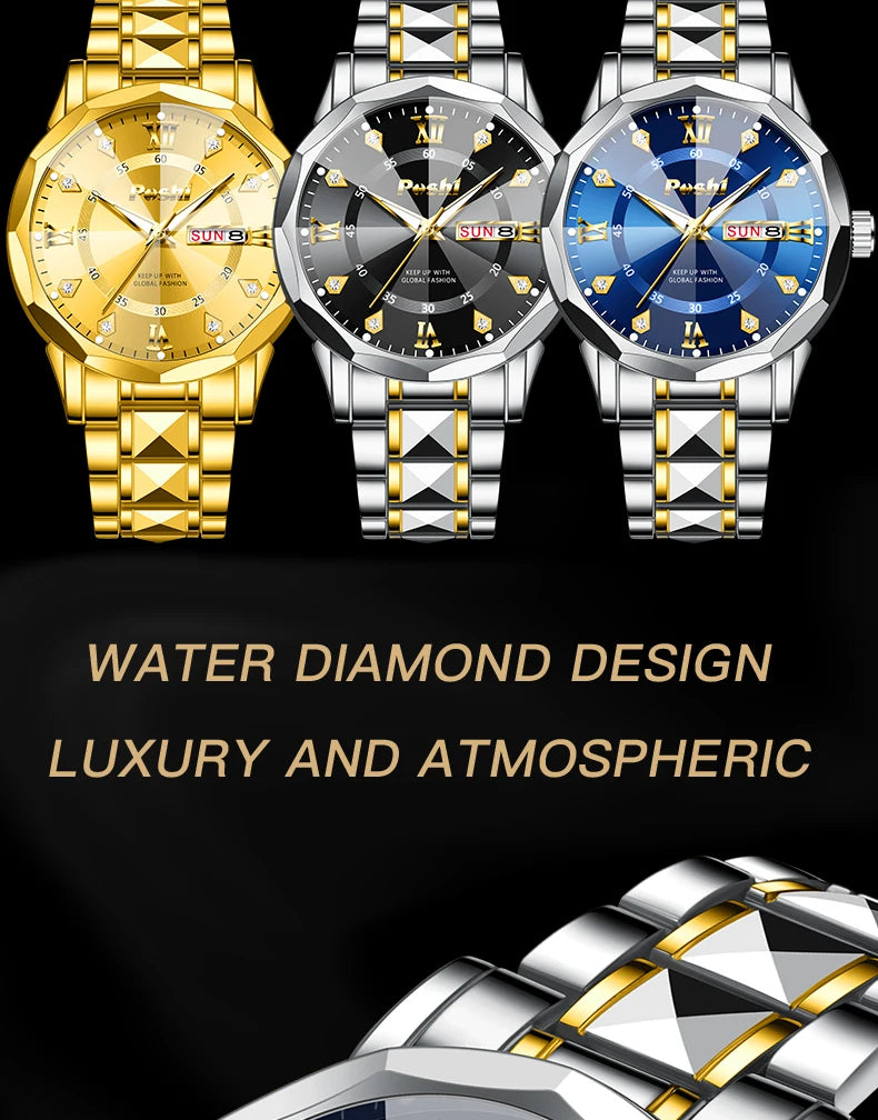 POSHI Men's Quartz Watch Original Waterproof Luminous Dual Calendar Quartz Wristwatch