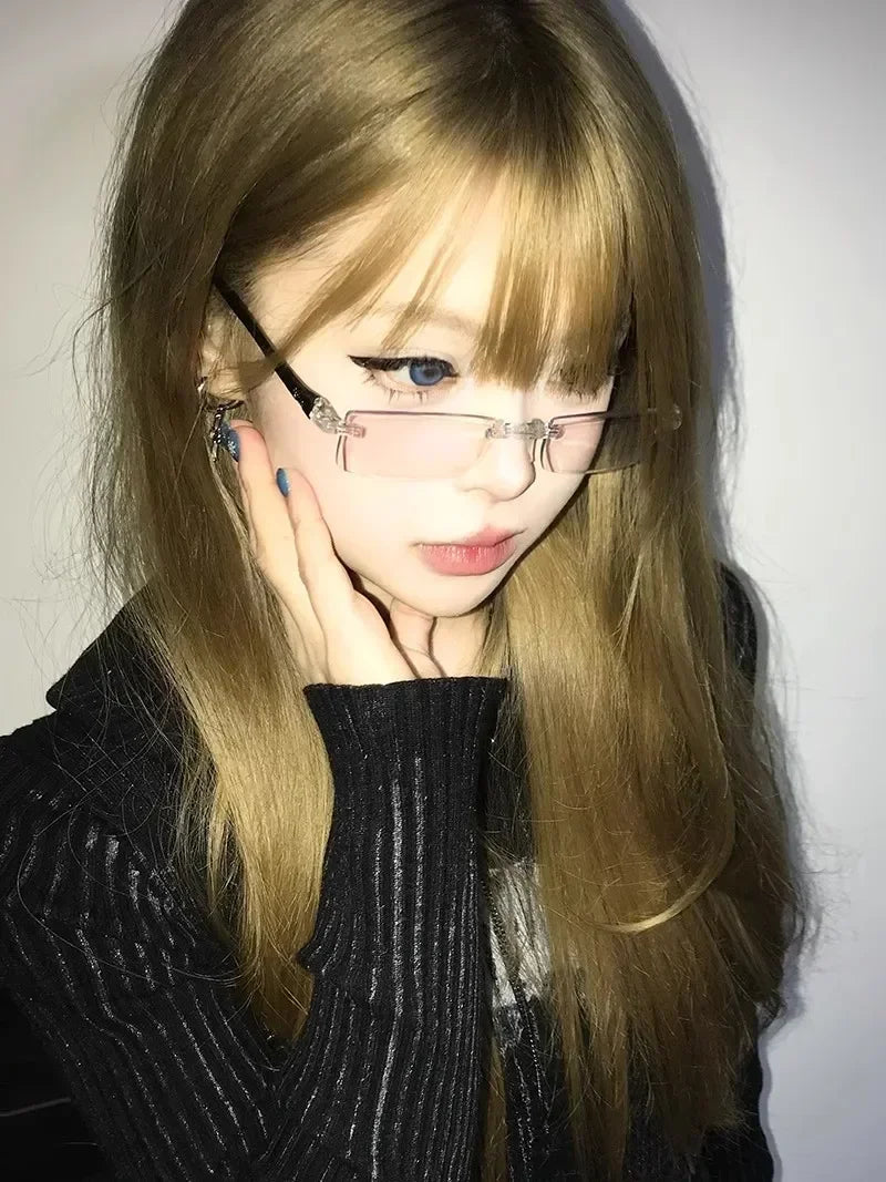 Retro Narrow-frame Glasses Women Anti-Blue Light Rimless Y2K Square Harajuku Eyewear Decorative Computer Eyeglasses Accessories