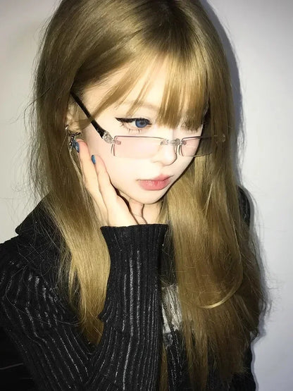 Retro Narrow-frame Glasses Women Anti-Blue Light Rimless Y2K Square Harajuku Eyewear Decorative Computer Eyeglasses Accessories