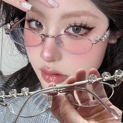 Japanese Small Oval Rhinestone Eyeglasses Frame for Women