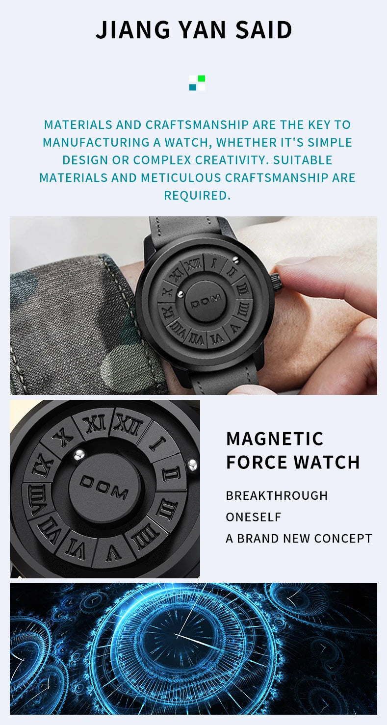 DOM 1345 Fashion New Personalized Floating Magnetic Pointer Free Ball Bearing Creative Waterproof Quartz Watch for Men Clock