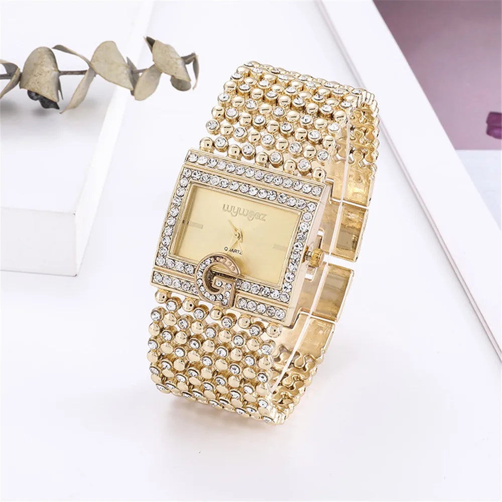 Simple Square Gold Ladies Watch Fashion Classic Alloy Diamond Bracelet Ladies Watch Gold Silver Diamond Scale Dial Quartz Reloje